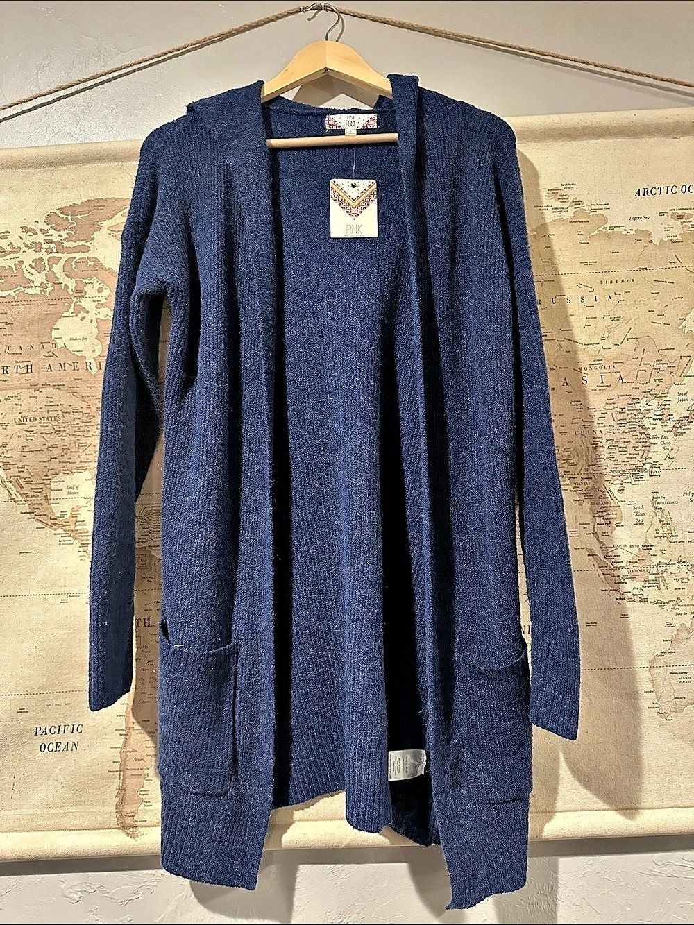 Pink Rose Navy Hooded Cardigan Large NWT